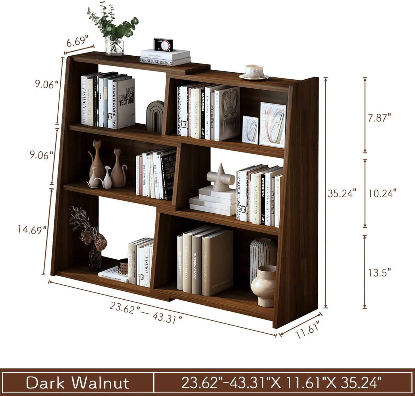 IOTXY Wooden Extendable Shelf Bookcase - 3-Tier Ladder Low Short Bookshelf for Small Space or Corner, Dark Walnut, S