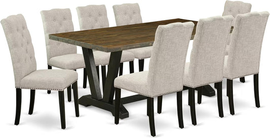 East West Furniture V677EL635-9 9 Piece Kitchen Table Set Includes a Rectangle Dining Table with V-Legs and 8 Doeskin Linen Fabric Parson Dining Room Chairs, 40x72 Inch, Multi-Color