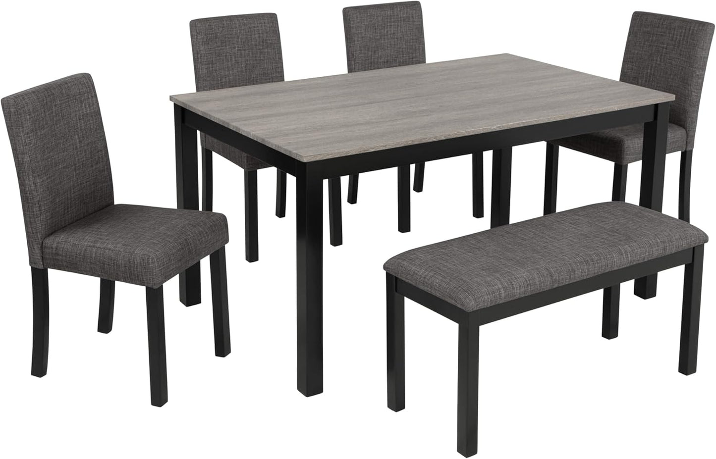soges 6-Piece Kitchen Dining Table Set with Bench and Chairs, Dining Table Set for 6 with Bench, Wooden Table Set for Kitchen, Dining Room, Grey