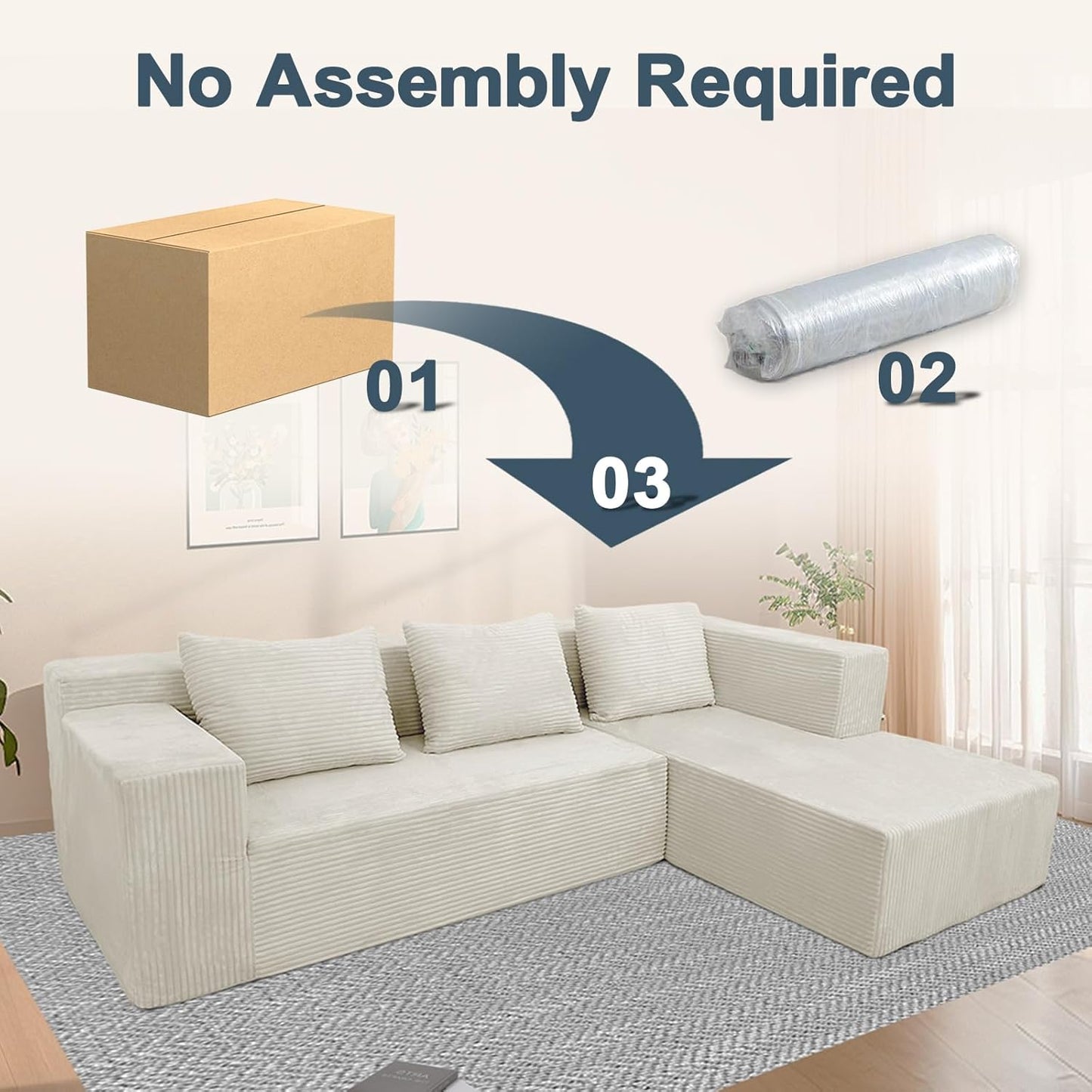 ANONER 103" Cloud Sectional Couch with Deep Seat, Modern Modular Boneless Couch L-Shape Upholstered Sofa with Chaise, Free Combination Corduroy Couches for Living Room, Beige