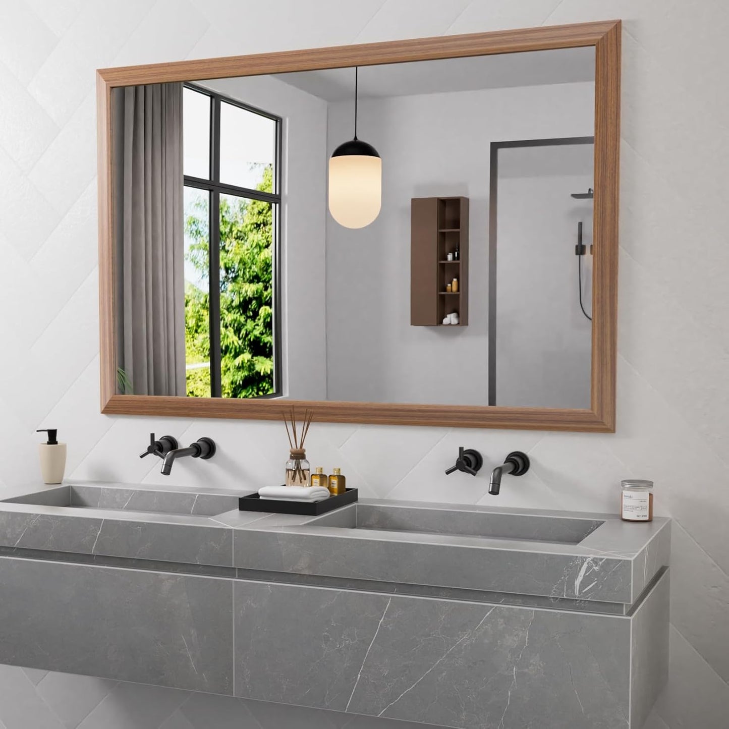 Amorho 60X40 Inch Bathroom Mirror for Wall, Walnut Wood Grain Metal Framed Mirror, HD Reflection, Hang Horizontally/Vertically, Suitable for Bedroom, Farmhouse, Bathroom, Porch