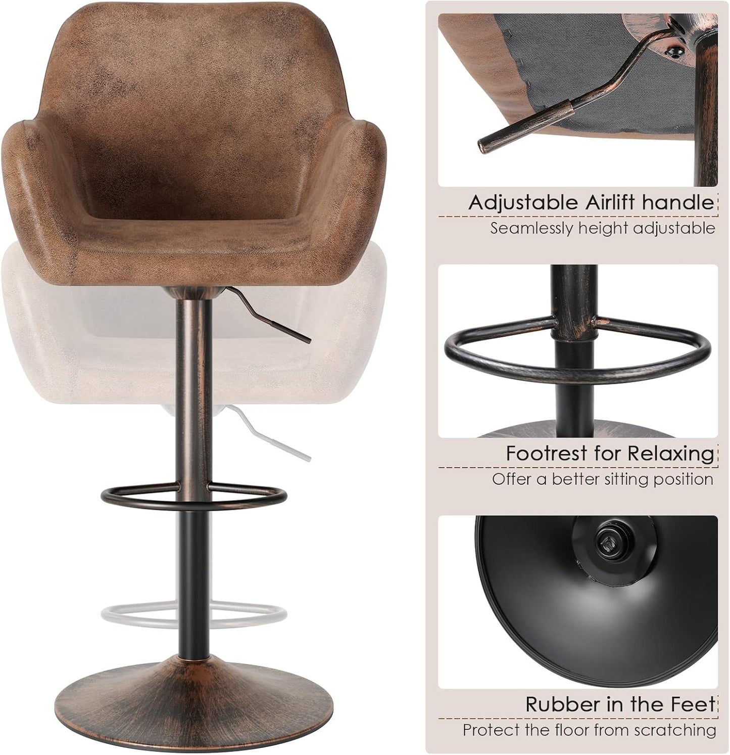 Keyluv Bar Stools Set of 2 for Kitchen Counter Adjustable Swivel Height Barstools 29 Inch Faux Leather Bar Chairs with Padded Back and Chromed Metal Base, Retro Brown