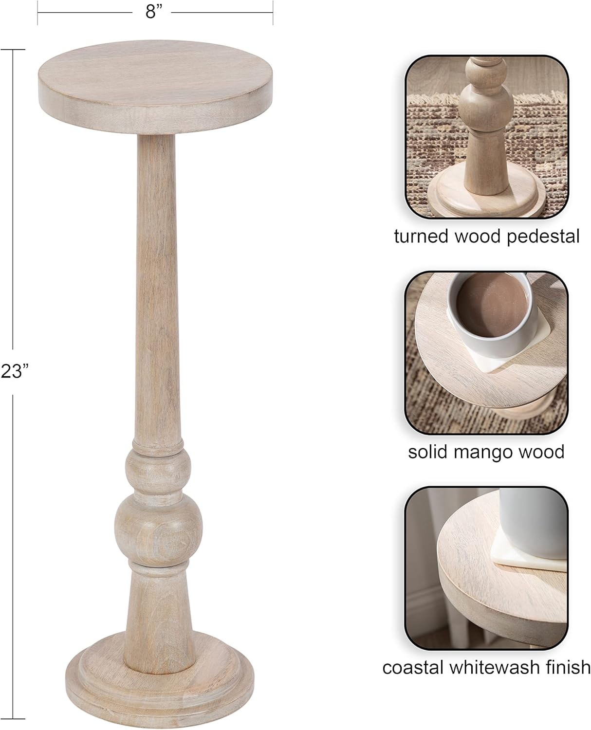 Kate and Laurel Wegner Coastal Wooden Round Drink Table, 8 x 23, Whitewash, Elegant and Durable Pedestal Table for Use as Small Drink Table, Plant Stand, or Decorative Item Display