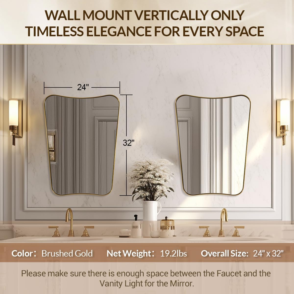 24"x32" Bathroom Vanity Mirror, Gold Butterfly Mirror, Brushed Gold Wavy Mirror with Anti-Rust Stainless Steel Frame Wall Mounted Vertical Only