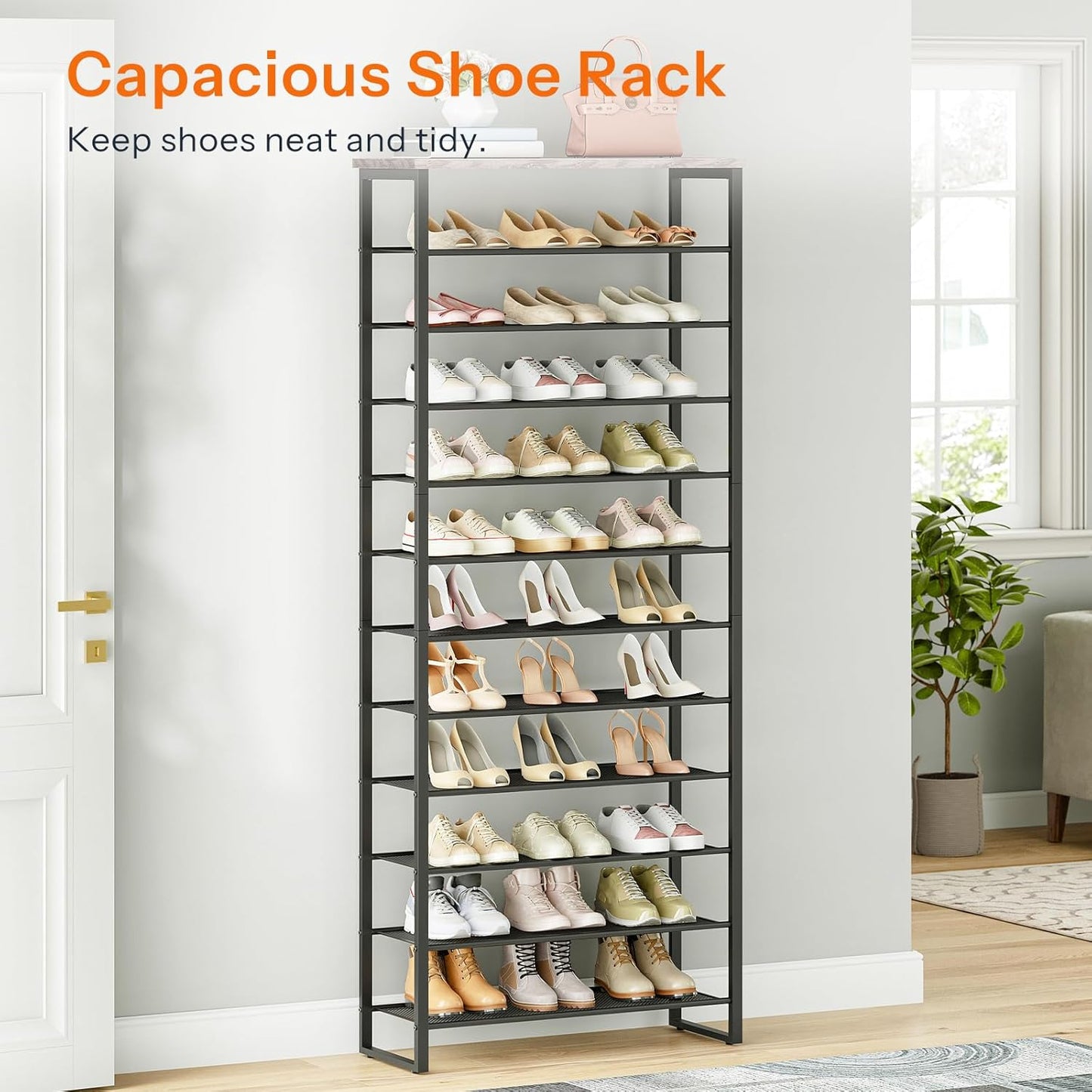HOOBRO Shoe Rack, 12-Tier Shoe Storage Organizer, Large Capacity Shoe Shelf for Front Door Entrance, Entryway, Closet, Holds 36-48 Pairs of Shoes, Closet, Greige and Black BG127XJ01
