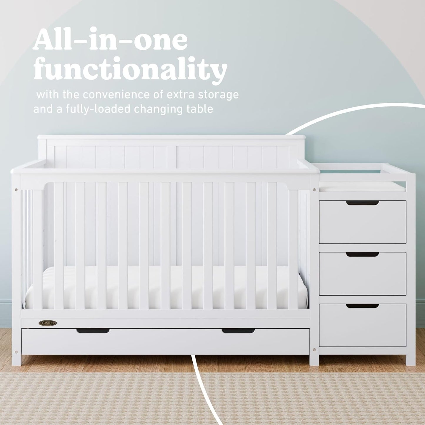 Graco Hadley All-in-One Convertible Crib & Changer (White) – GREENGUARD Gold Certified, Fits Standard Crib Mattress, Converts to Toddler Bed and Full Bed, 4 Adjustable Mattress Heights