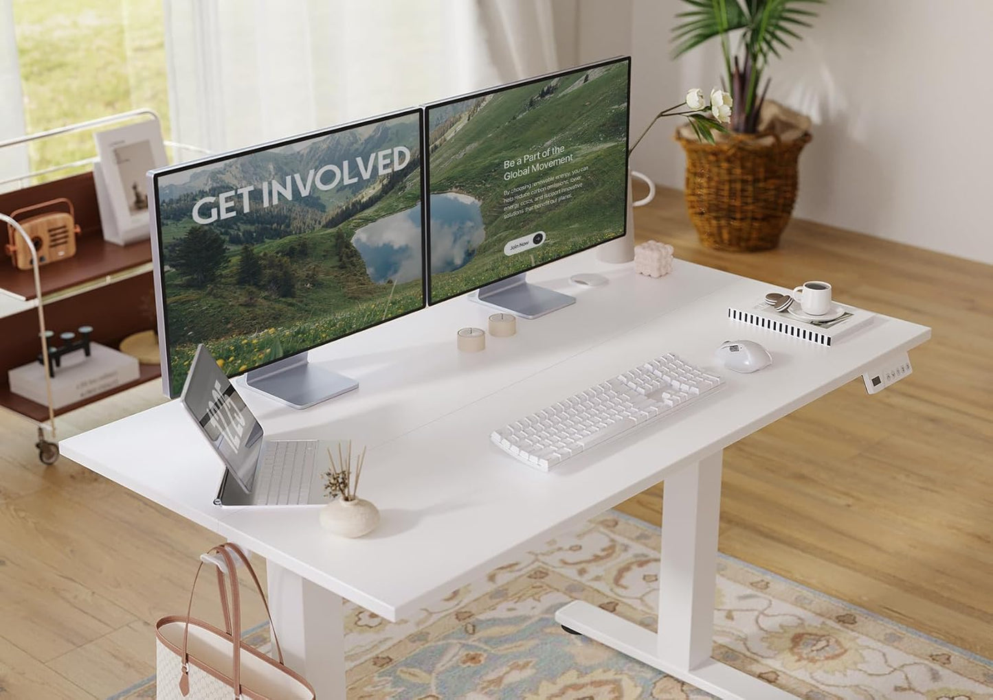 Seang Electric Standing Desk Adjustable Height, 48 x 24 Inch Sit Stand Desk with T-Shaped Frame, 3 Memory Presets & Cable Management for Home Office Computer Workstation, White Frame/White Top