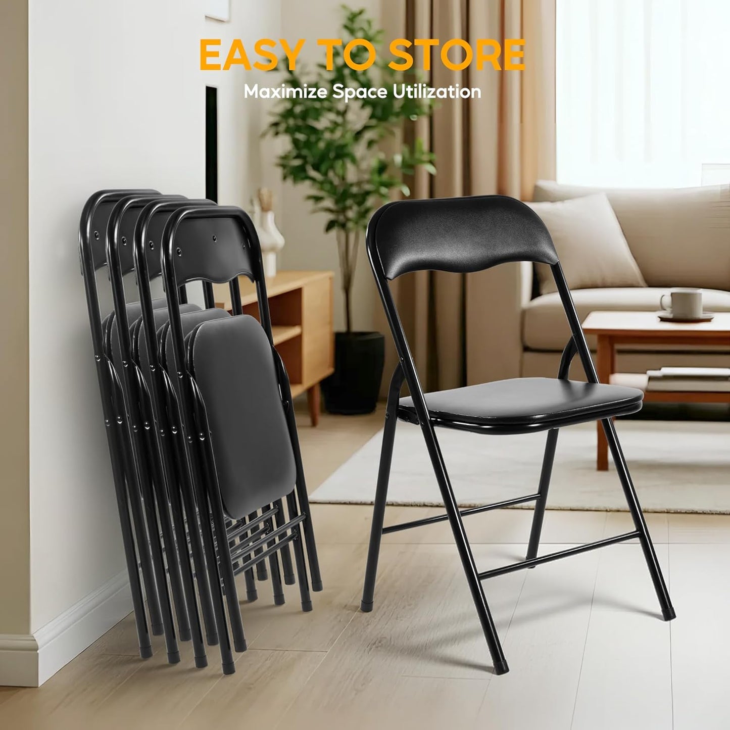 HealSmart 2 Pcs Folding Chairs with Leather Padded Cushion Seats, Back & Sturdy Metal Frame, Stackable, Portable, Commercial Event Seat, Indoor Outdoor for Parties, Home Event, Office, Black