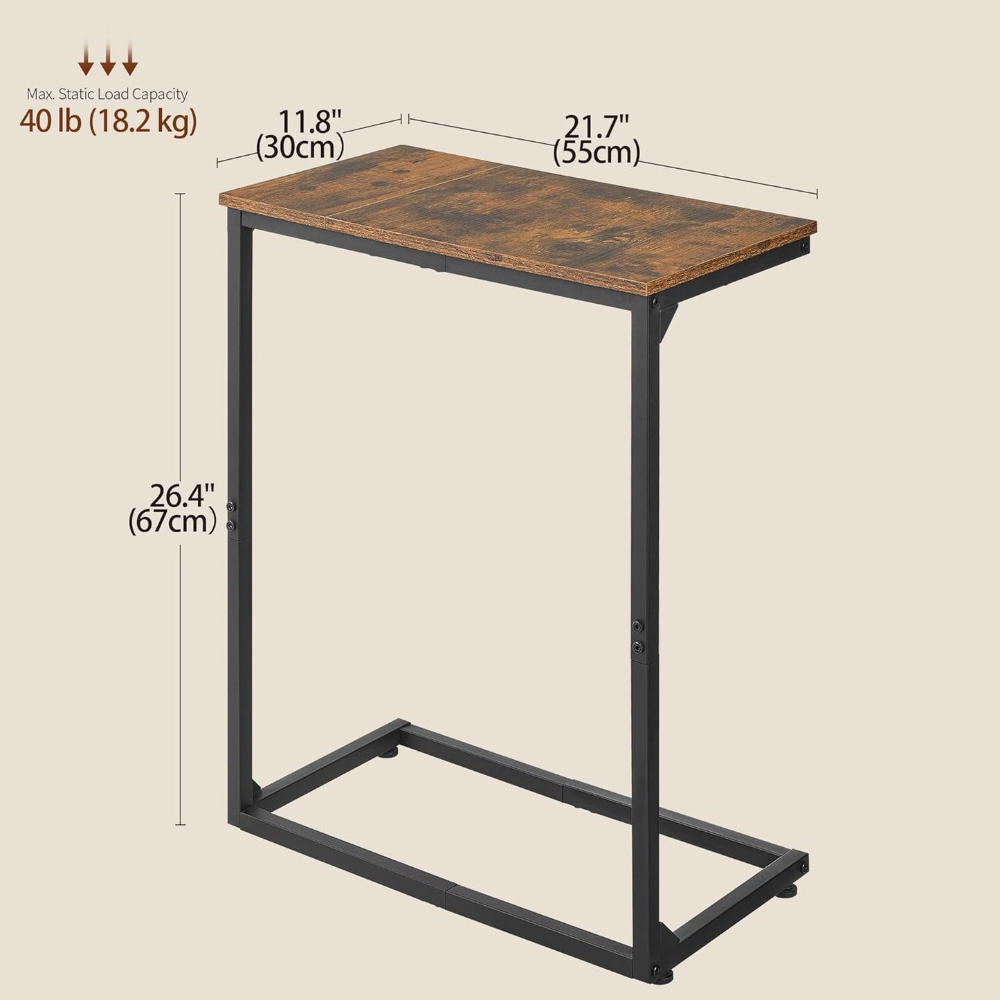 C Shape End Table, Large Surface Couch Table, C Table Sofa Side End Table, Side Table for Couch Slide Under, for Living Room, Bedroom, Home Office, Rustic Design, 21.7" D x 11.8"W x 26.4"H