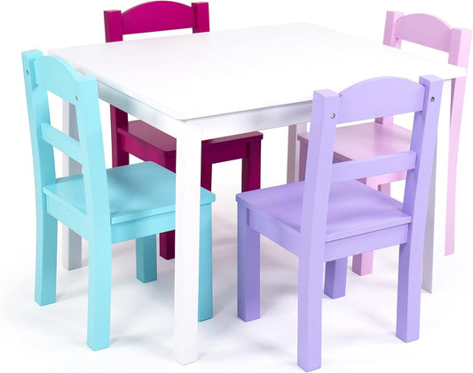 Humble Crew Kids Wooden Table and 4 Chairs Set, White/Pink/Purple/Aqua - Kids Table and Chair Set for Toddlers and Children for Arts, Crafts, and Snack Time - Sturdy, Durable Toddler Activity Table