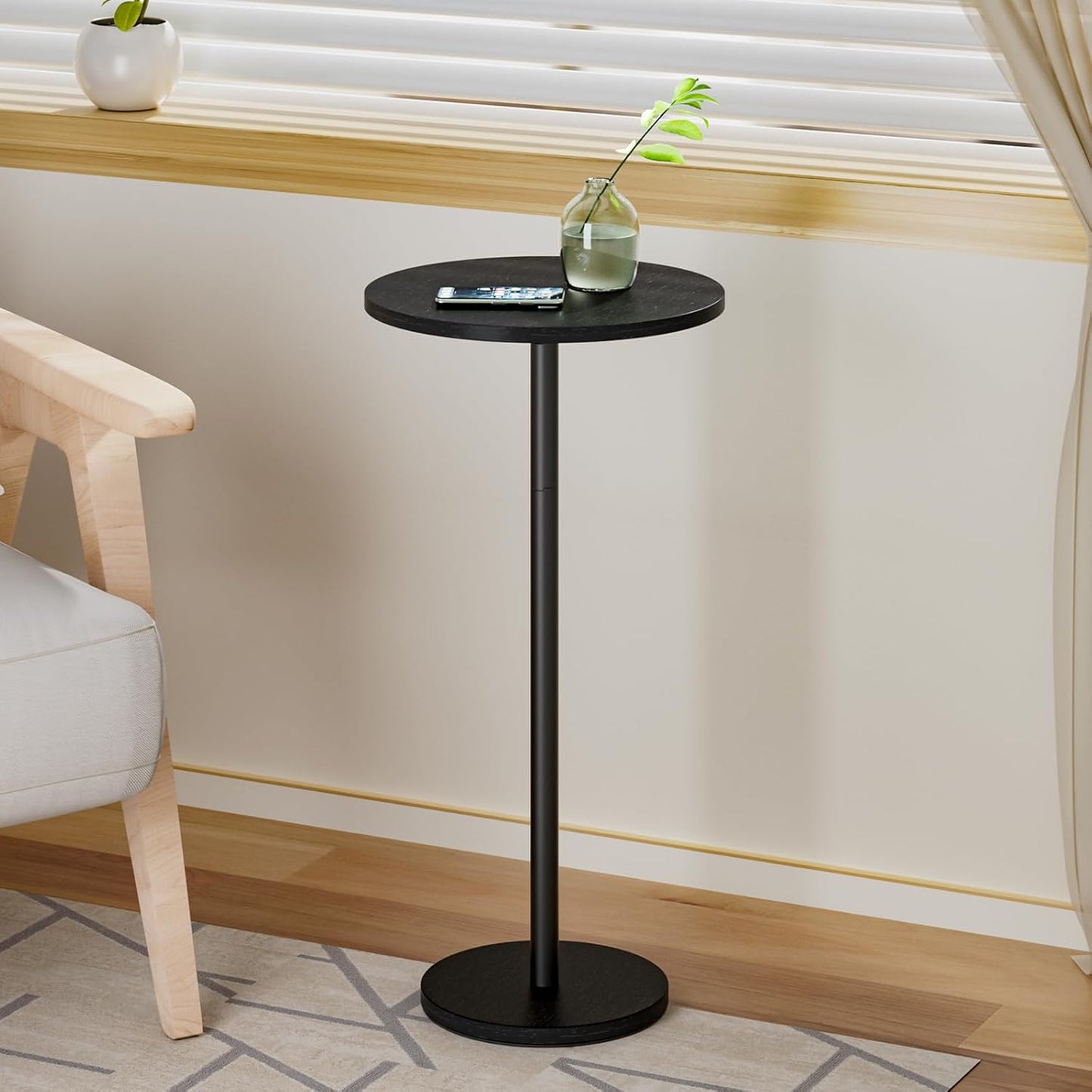 Small Round Side Table, Drink Tables for Narrow Spaces, Pedestal End Table Stand for Living Room, Modern Black Small Nightstand for Bedside, Round Table for Bedroom Sofa-Side