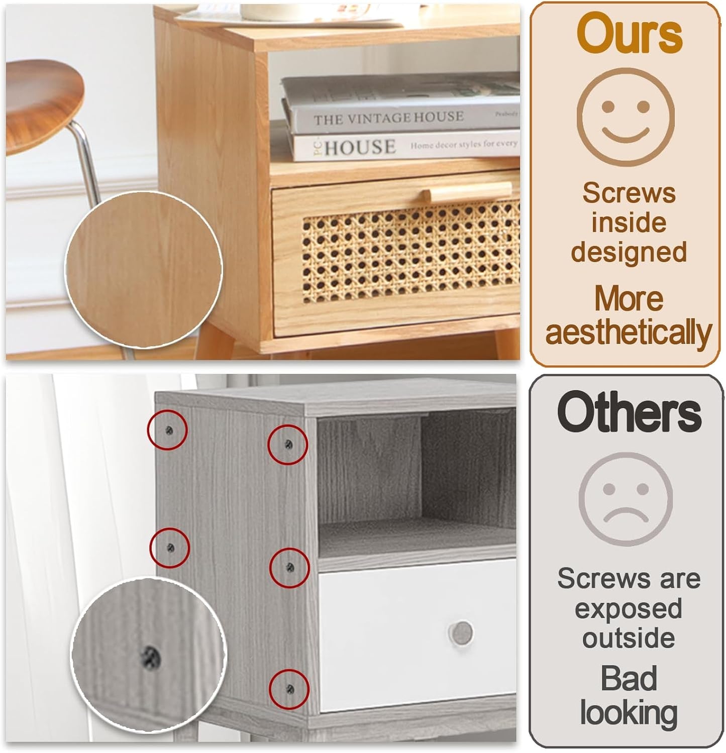 MaxSmeo Bedside Table, Small Nightstand with Charging Station, Rattan Side Table Wood End Table for Living Room, Bedroom and Small Spaces, Mid Century Modern Nightstand, Easy Assembly (Natural)