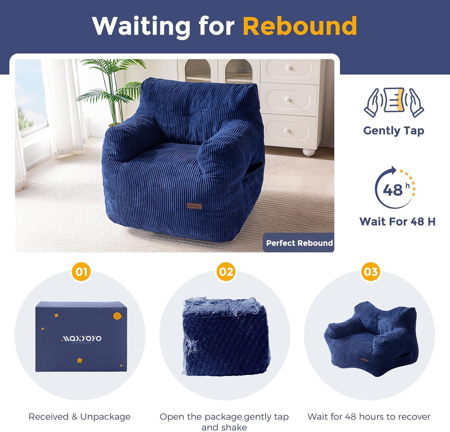 MAXYOYO Bean Bag Chair, Tufted Bean Bag Couch Lazy Chair, Living Room Sofa Couch with Filler for Adult Teens Kids, Corded Fabric Accent Sofa for Bedroom Dorm, Navy