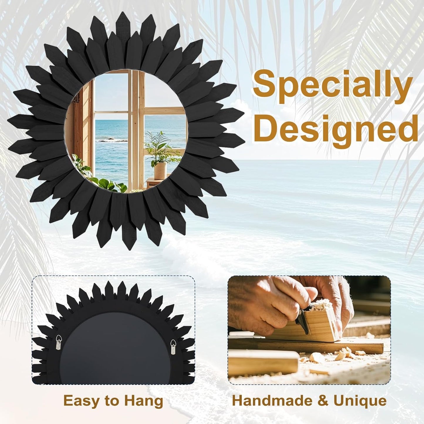 20 Inch Black Boho Wall Decor Sunburst Mirror - Round Wooden Wall Decor, Handmade Rustic Circular Mirror for Living Room, Bedroom, Entryway, Office