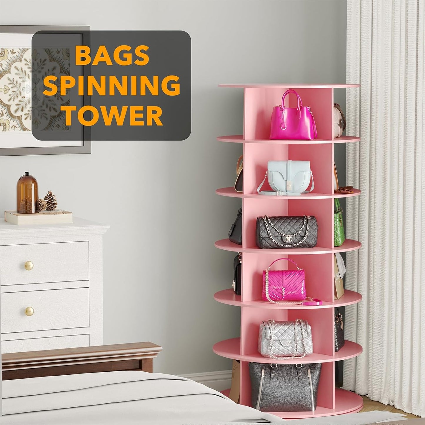 SpaceAid 6 Tier Rotating Shoe Rack Tower, Spinning Shoe Display Lazy Susan, Revolving 360 Shoe Rack Storage Round Carousel, Vertical Handbag Rotate Shoes Closet Organization (6-Tier Pink)