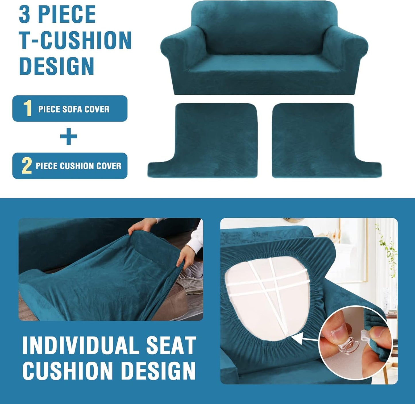 H.VERSAILTEX Sofa Cover 3 Piece T Cushion Sofa Slipcovers Thick Velvet Couch Cover Furniture Protector Stretch T Cushion Sofa Covers for 2 Cushion Couch with 2 Individual T Cushion Covers, Deep Teal