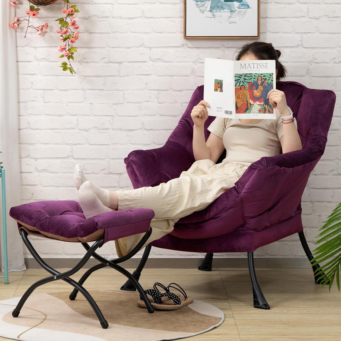 HollyHOME Fabric Lazy Chair with Foldable Ottoman, Accent Comfy Lounge Arm Chair and Folding Footrest Stool Set, Leisure Sofa Reading Chair and Footstool for Living Room, Bedroom, Dorm, Deep Purple