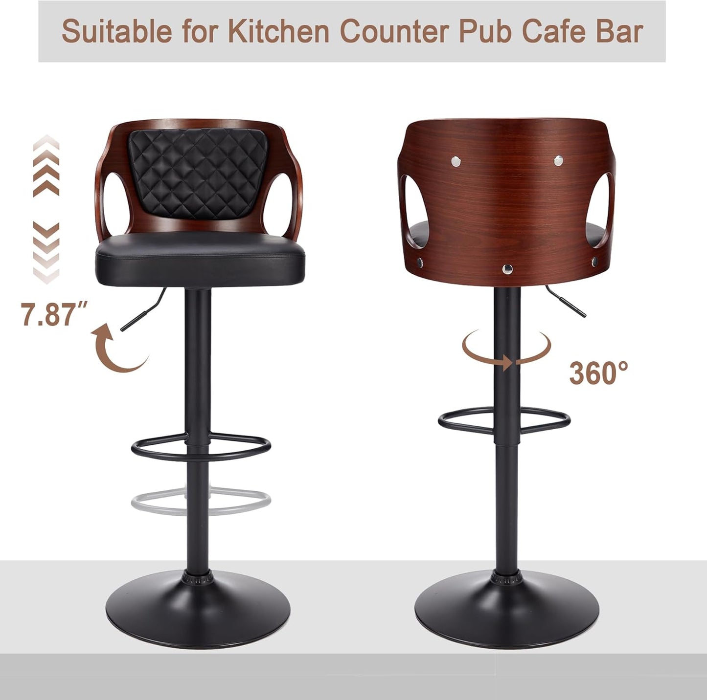 VECELO BarStools Set of 2,Counter Height Stools with Bentwood Back&Arm, Swivel Barstools,PU Leather Kitchen Island Stools, Adjustable Height Bar Chairs for Club Pub Dining Room,Black