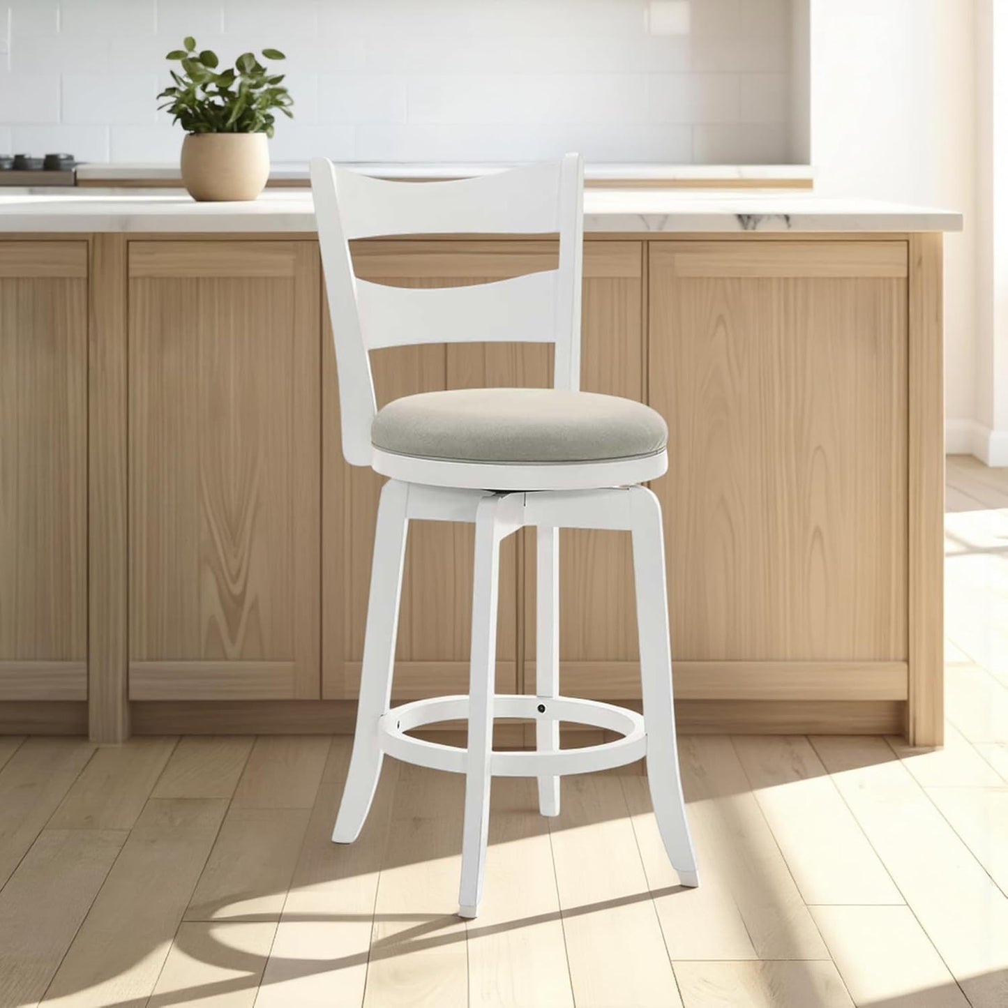 Armen Living Blair 26 in. Matte White Counter Height Rubberwood Swivel Barstool with Fog Fabric Seat