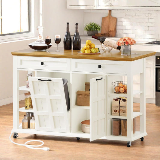 DWVO Kitchen Island with Drop Leaf, Tilt Out Trash Can Cabinet, Mobile Storage Islands with Power Outlet, Americana Rolling Island Table on Wheels with Open Shelves for Dining Room, Off White