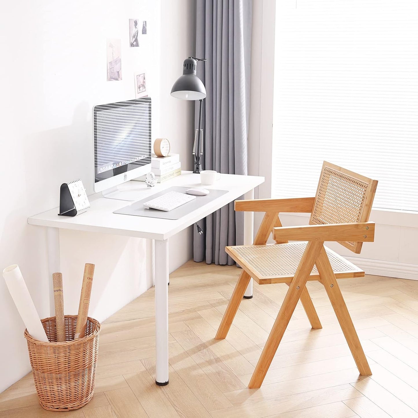 Rattan Dining Chairs Set of 4, Modern Mid Century Accent Chairs, Comfy Armchairs, Outdoor Rattan Chairs with Armrest for Bedroom Living Room Reading Room Dining Kitchen