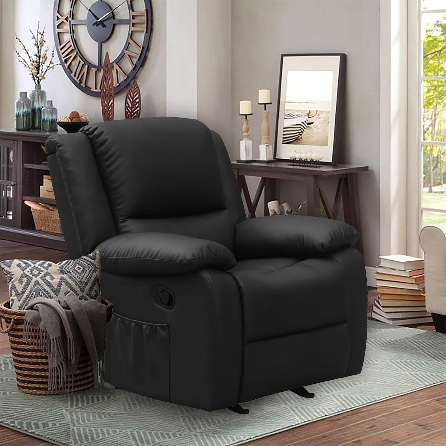 Black Leather Massage Rocker Recliner Chair with Heat - Full Body Massage Chair