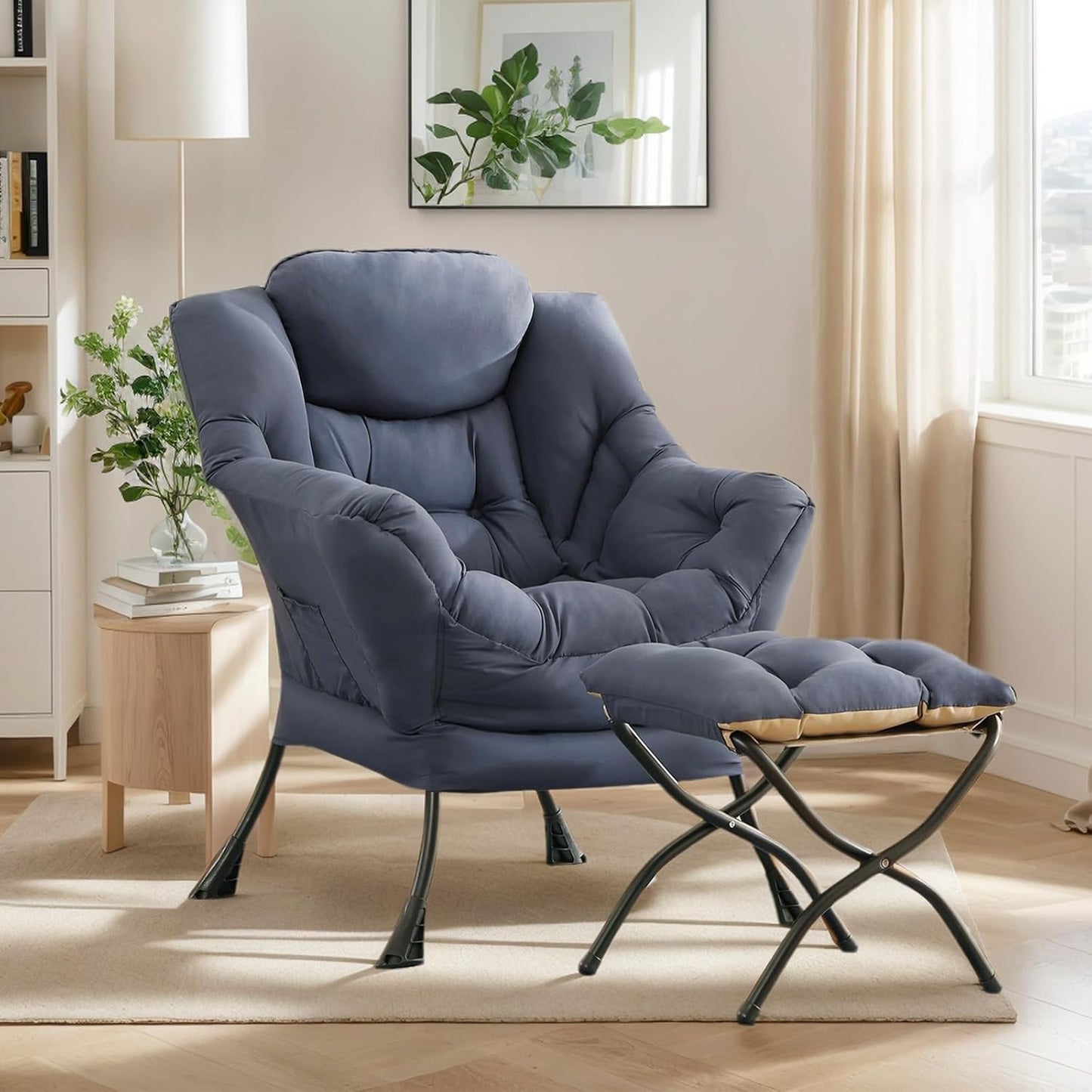 Lazy Chair with Ottoman, Large Modern Lounge Accent Chair with Armrests and Footrest, Reading Armchair with Ottoman, Leisure Sofa Chair for Living Room, Bedroom, Dorm Room, Office (Navy)