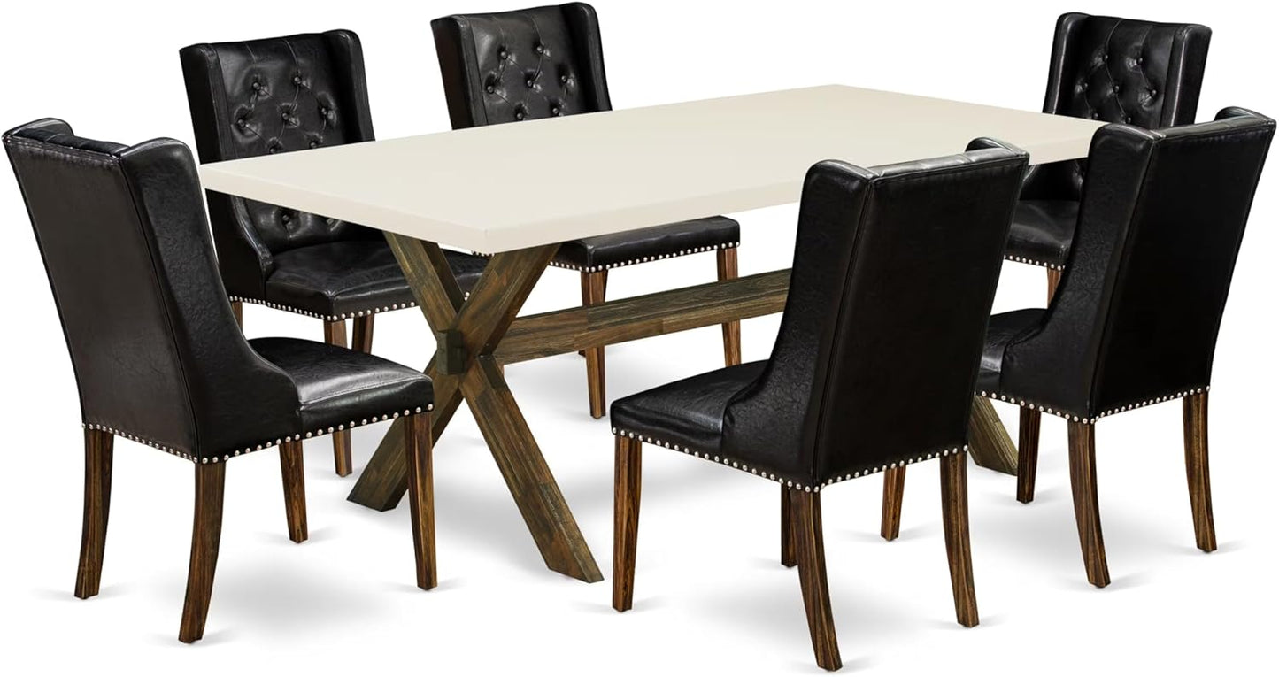 East West Furniture X727FO749-7 7 Piece Dining Set Consist of a Rectangle Dining Room Table with X-Legs and 6 Black Faux Leather Upholstered Parson Chairs, 40x72 Inch, Multi-Color