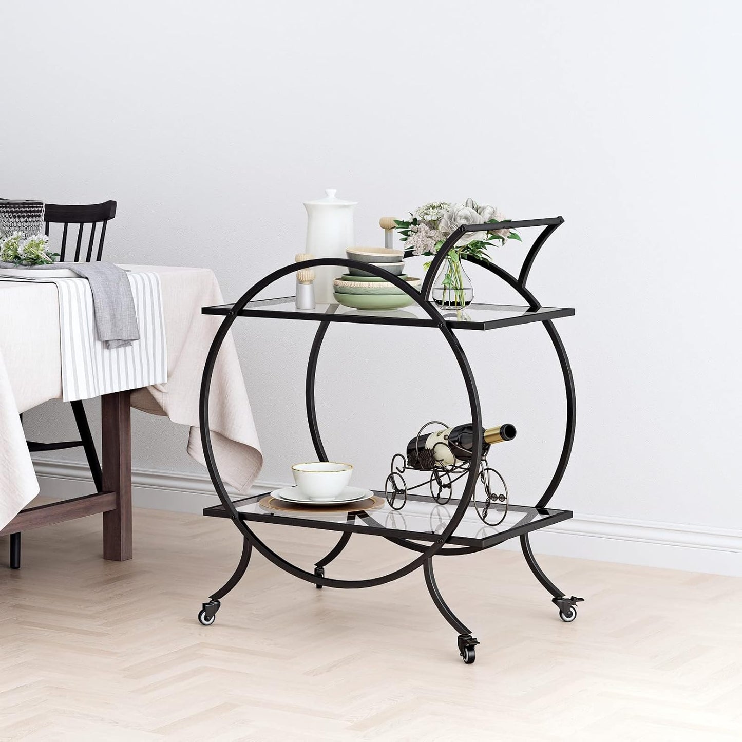 Industrial Bar Carts for The Home Bar Serving Cart, Rolling Bar Cart Black with Lockable Caster Wheels, Glass Bar Carts with 2 Mirrored Shelves, Storage Wine Carts for Kitchen, Party