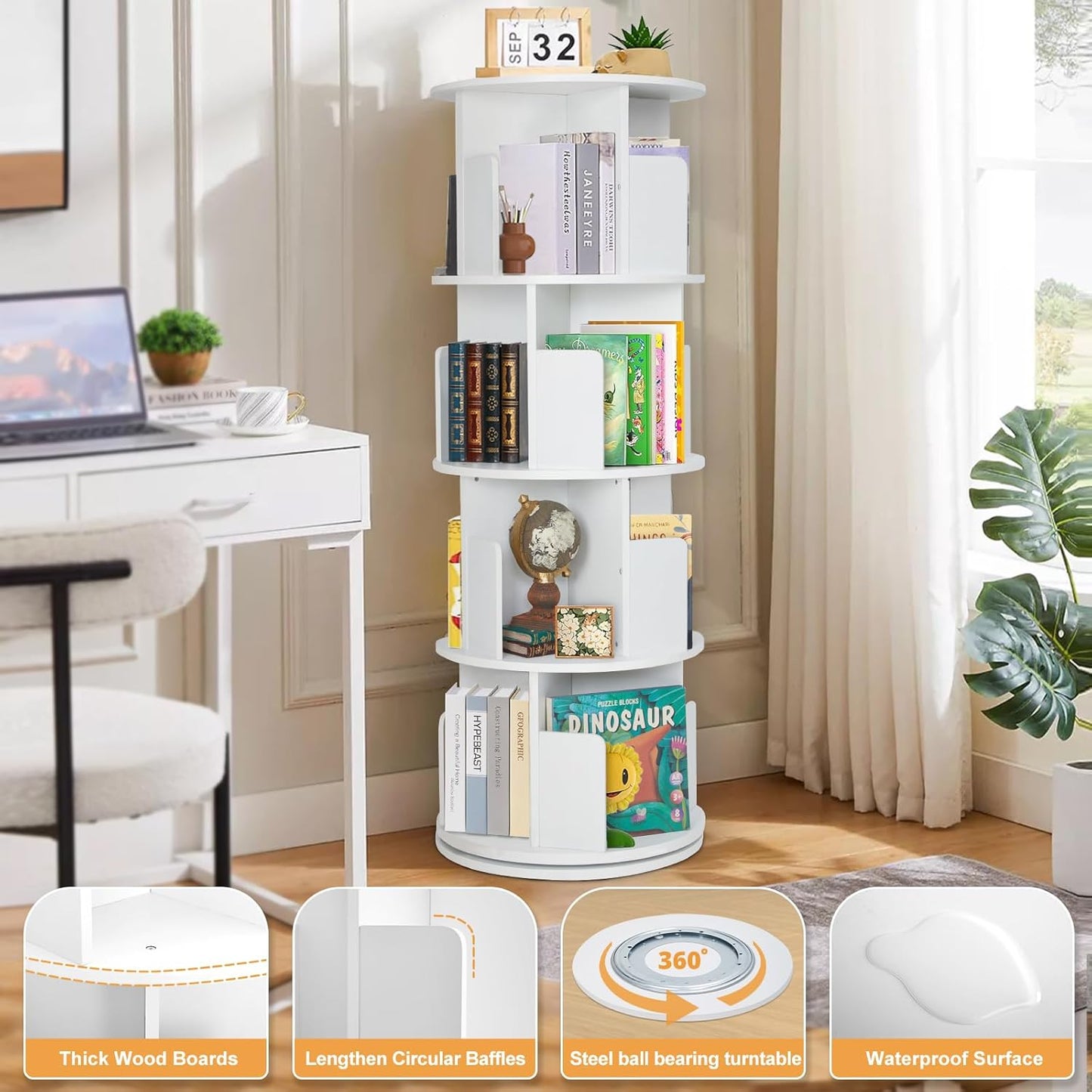 Rotating Bookshelf,Wooden Rotating Corner 4-Tier 360 Display Spinning Floor Standing Bookcase White Stackable Bookshelf Storage Rack Organizer for Small Space Bedroom Living Room Study Room