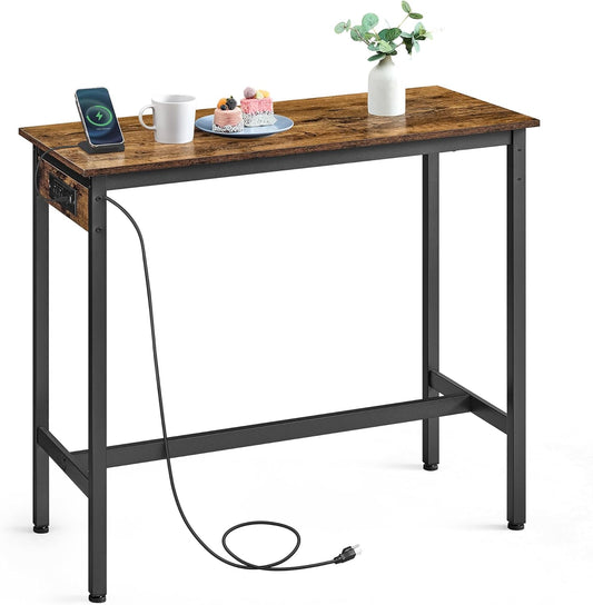 VASAGLE Bar Table, Narrow Long Kitchen Dining Table with Charging Station, Sturdy Metal Frame, Industrial, 15.7 x 39.4 x 35.4 Inches, Rustic Brown and Ink Black ULBT101K01