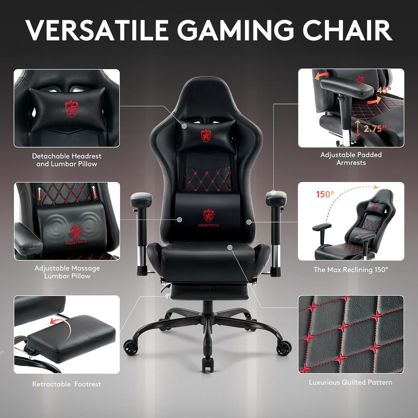 Gaming Chair,Computer Office Chair with Footrest,Massage Lumbar Support and Gel Pad,Ergonomic Reclining Leather Gamer Chair with Headrest,Adjustable Armrests and Spring Cushion Black Red
