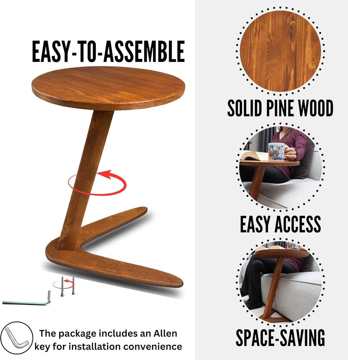 C-Shaped Handmade Solid Wood End Table, Side Table for Couches, Sofa Tables Slide Under Couch for Living Room, Over Couch TV Tray Table for Small Spaces (Medium, Chestnut)