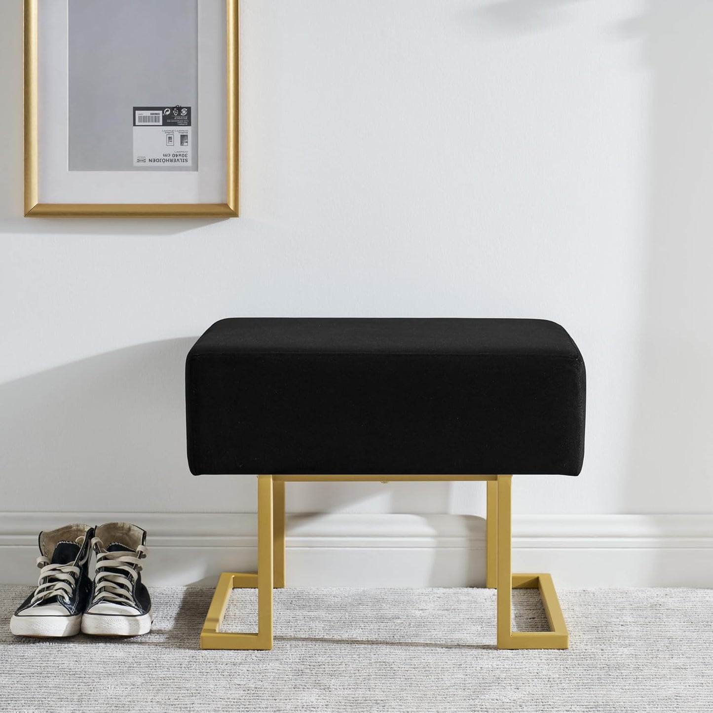 Modern Style Bedroom Single Seat Bench, Cushioned Bed end Stool, Living Room Sofa Stool, Footstool with Golden Iron Legs, Suitable for Bedroom and Living Room (Black, 21.65"x15.74"X16.53")