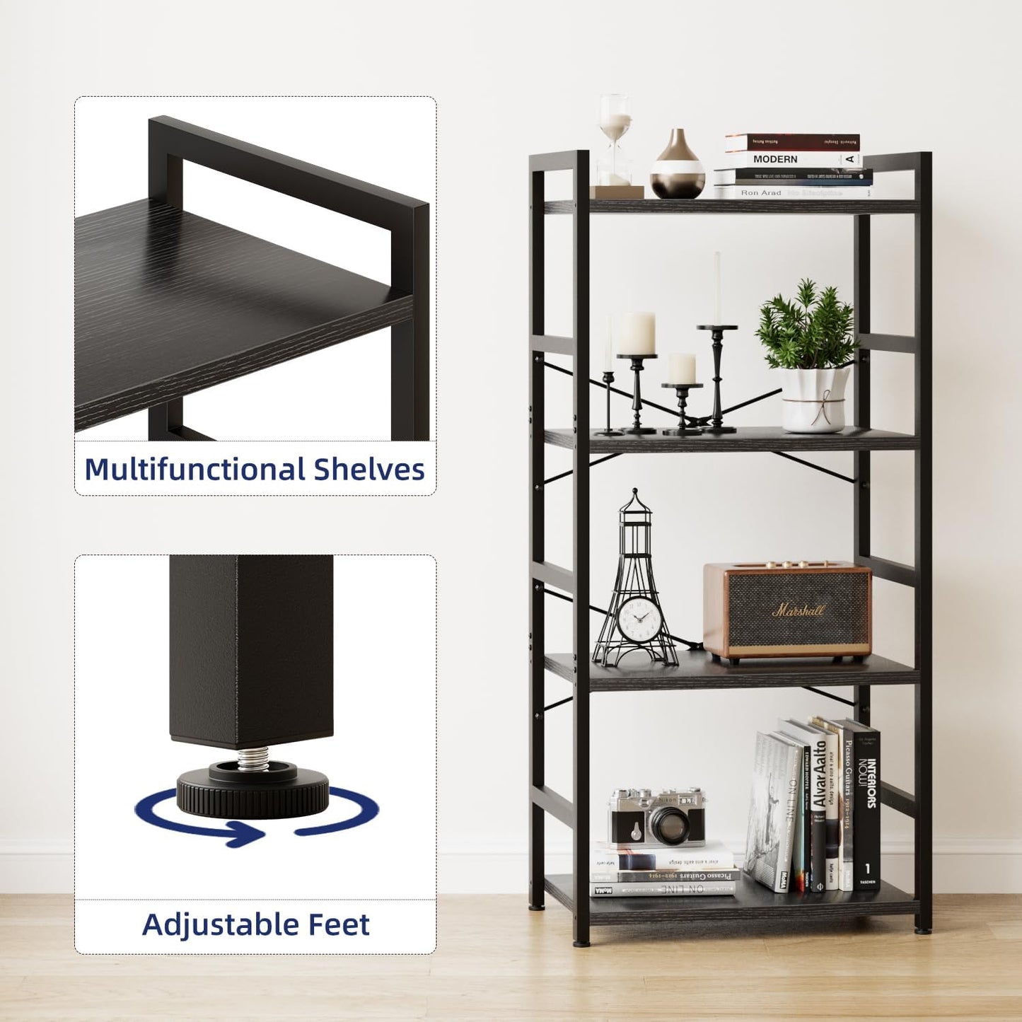 NUMENN 4 Tier Small Bookshelf, Industrial Bookcase Shelf Storage Organizer, Modern Book Shelf for Bedroom, Living Room and Home Office, Black