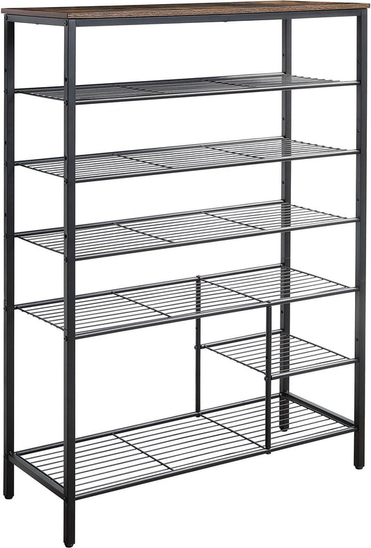 6 Tier Shoe Rack Organizer, Metal Mesh Shoe Storage Shelf, Storage Boots .for Entryway, Closet,Hallway, Bedroom,Cloakroom,Garage, Industrial,Rustic Brown