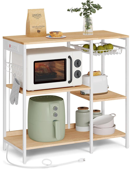 VASAGLE Baker's Rack, Coffee Bar Stand with Charging Station, Storage Shelves, Pull-Out Wire Basket, Table for Microwave, Kitchen, Oak Beige UKKS036Y09, 15.7 x 35.4 x 35.6 Inches