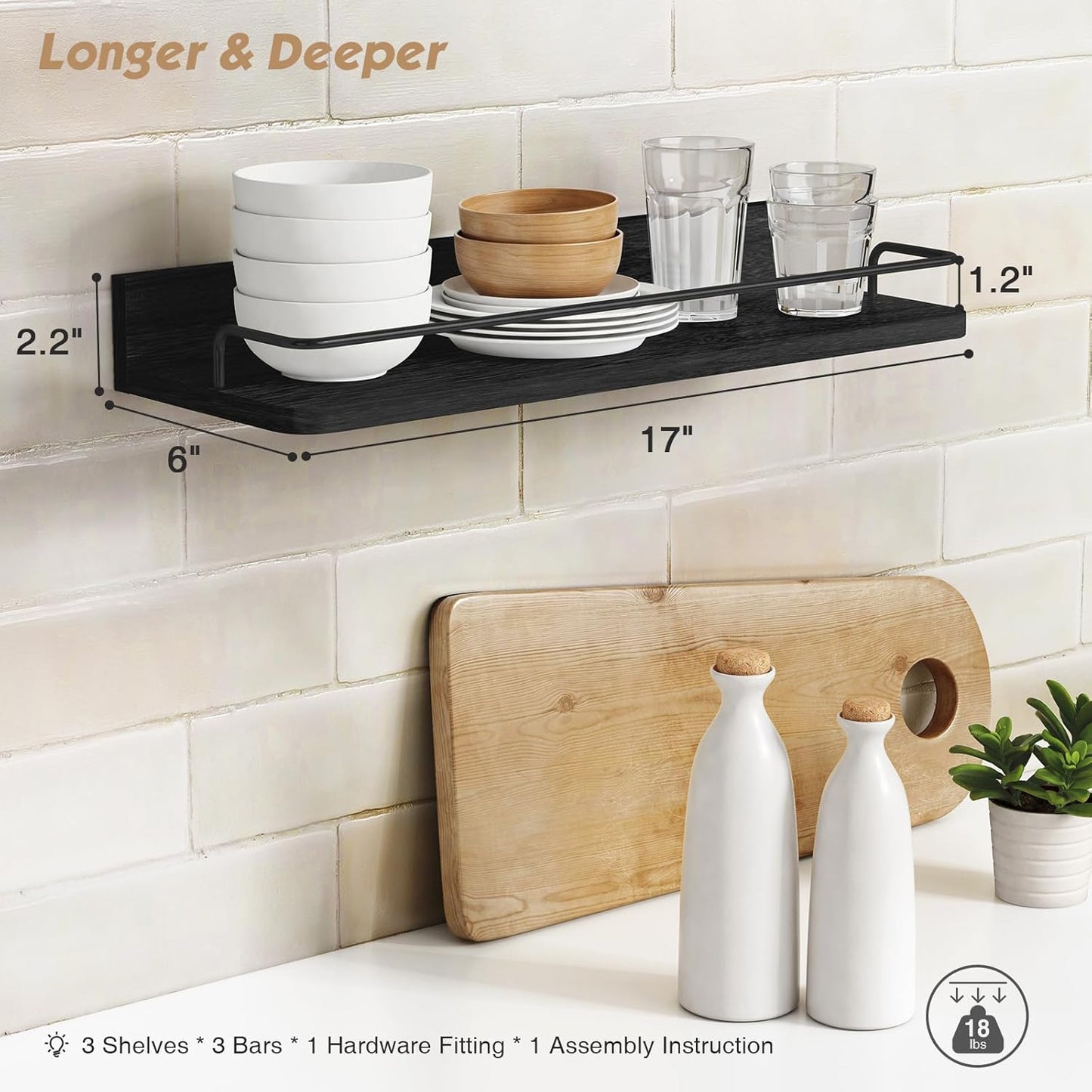 Forbena Black Floating Shelves for Wall, Bahtroom Wall Shelves Over Toilet, Rustic Hanging Shelf with Lip Rail for Bedroom Kitchen Office Living Room Picture Photo Decor, 17 Inch Long-Set of 3