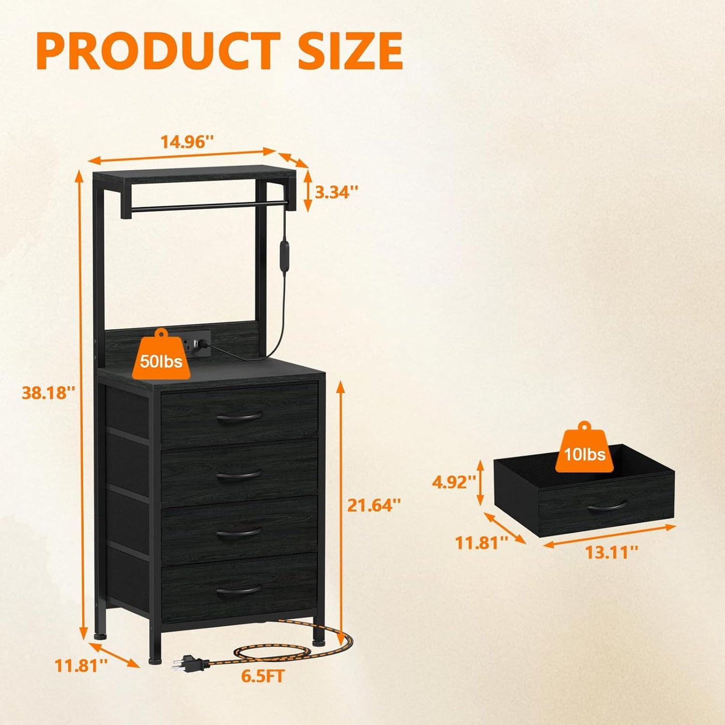 Furnulem Tall Nightstand with Charging Station, Night Stands with LED Lights and Storage Shelves, Bed Side Table for Bedroom, Hallway, Office, 4 Fabric Drawers (Black Oak)