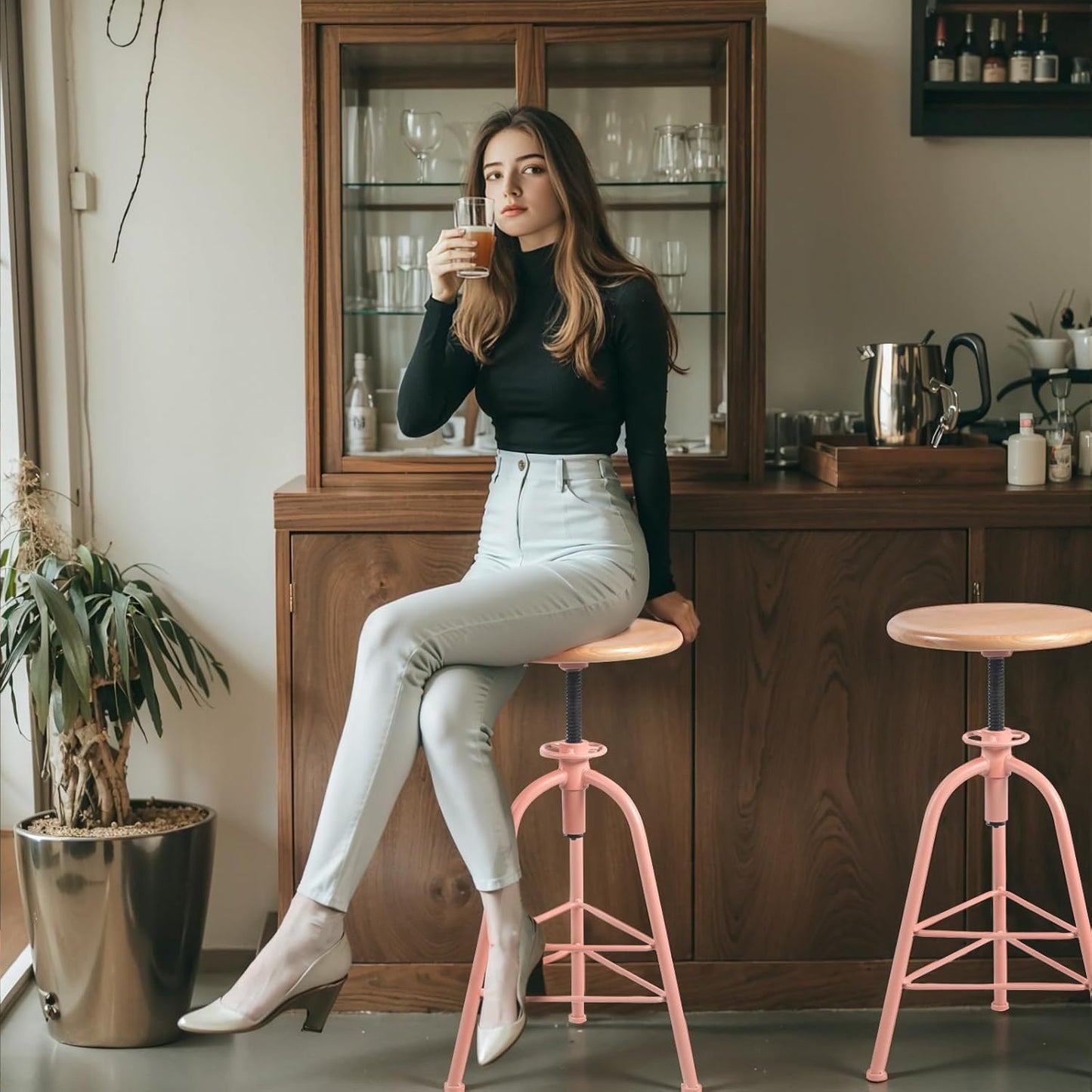 Set of 2 Modern Bar Stools-24.4-28.3 Counter Height Adjustable Patio Stool-Industrial Dining Stool for Home Kitchen-Retro Cafe Chairs with Swivel Wooden Seat