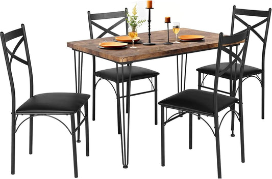 VECELO 5-Piece Dining Table Set for Home Kitchen Small Space Breakfast Nook, 4 Faux Leather Metal Frame Chairs, Retro Brown