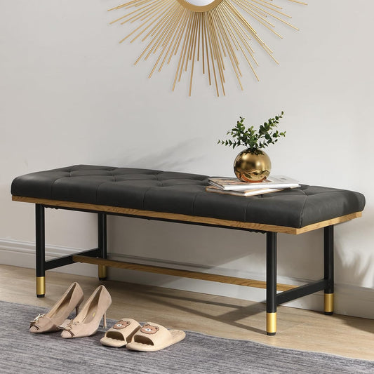 Shoe Bench Entryway, End of Bed Bench, Bench for Bedroom End of Bed, Modern Faux Leather Bench for Living Room, Entryway Bench Seat, Padded Bench with Solid Metal Shelf Gold, Grey