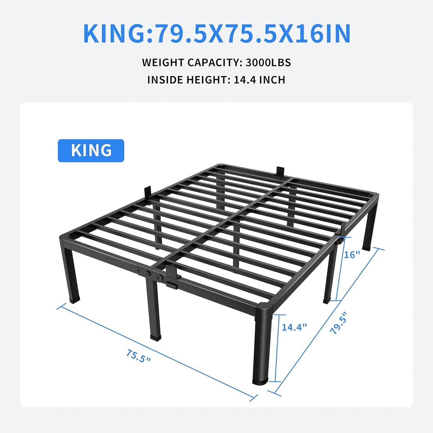 MAF 16 Inch King Size Bed Frame with Round Corner Legs Mattress Slide Stopper No Box Spring Needed Heavy Duty Metal Platform Bed Frames Under-Bed Storage Space, 3000 LBS Steel Slats Support