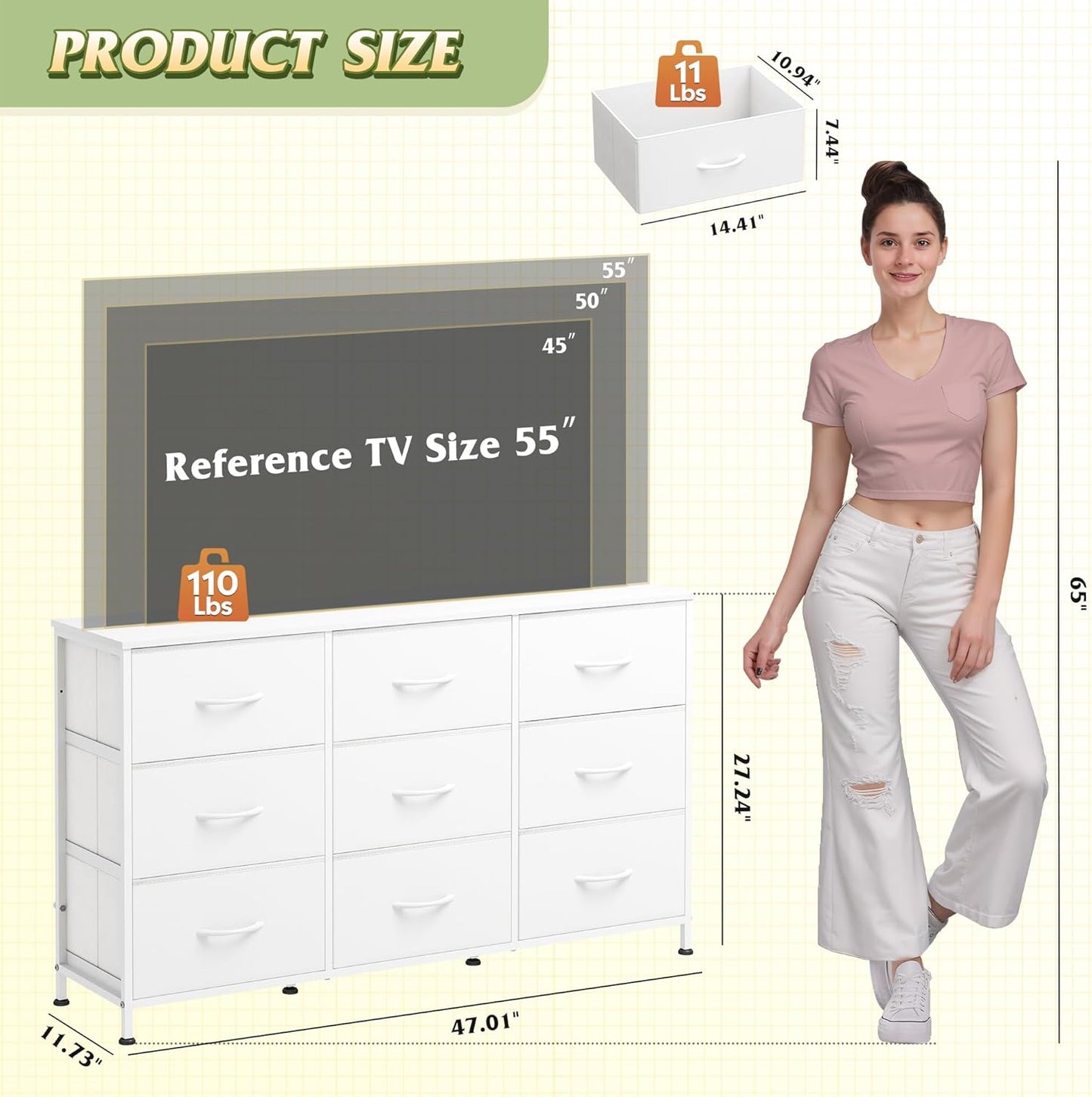 WLIVE 47''W Dresser for Bedroom, White Dresser TV Stand for 45, 50, 55 inch TV, Wide Chest of Drawers with 9 Drawer, Large Entertainment Center, Fabric Dressers with Wood Top for Closet, Living Room