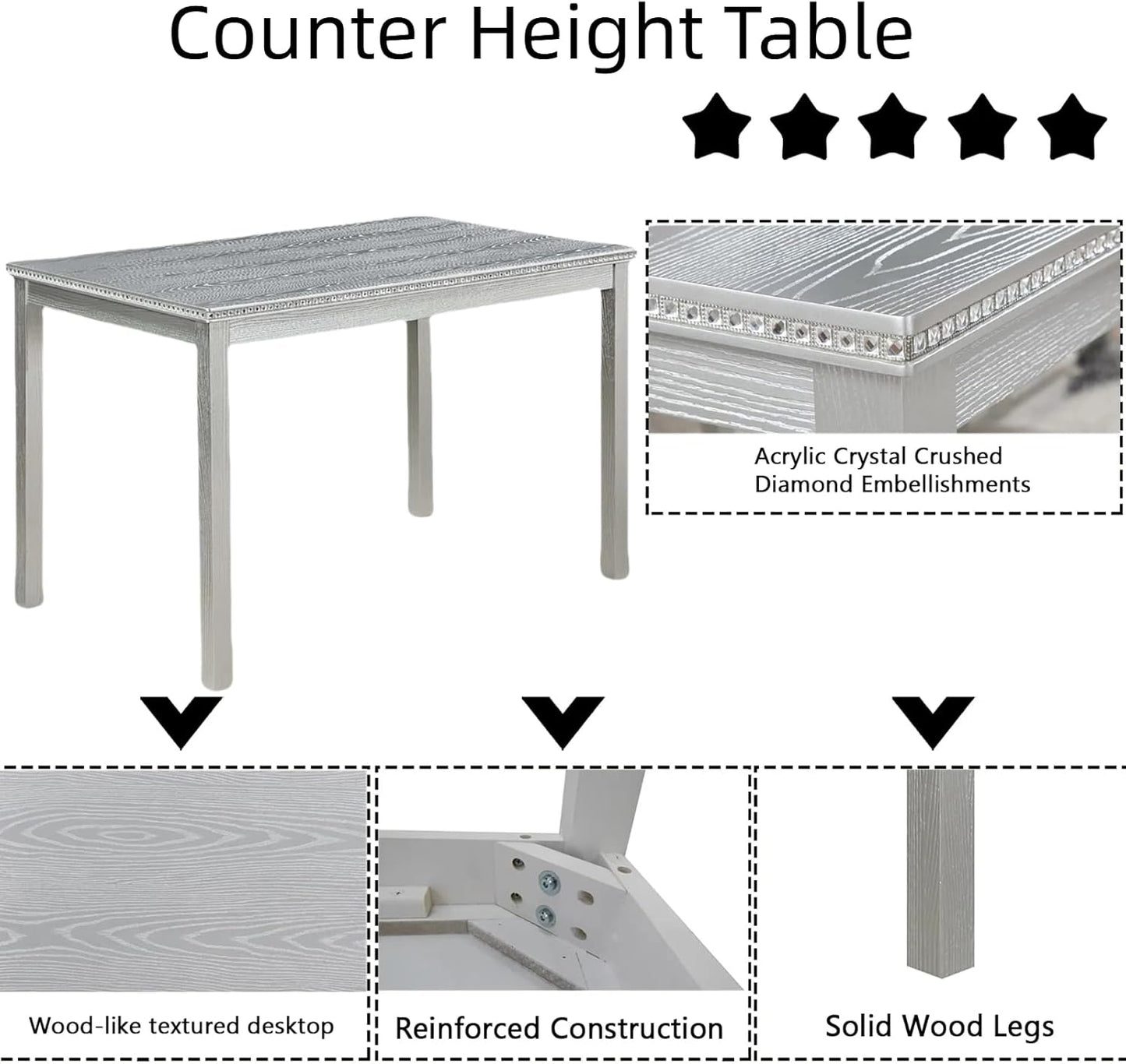 Dining Table Set for 4, 5-Piece Dining Room Table Set with Rectangular Crystal Decoration Table & 4 Upholstered Backrest Chairs, Counter Height Kitchen Sets with MDF Tabletop, Grey