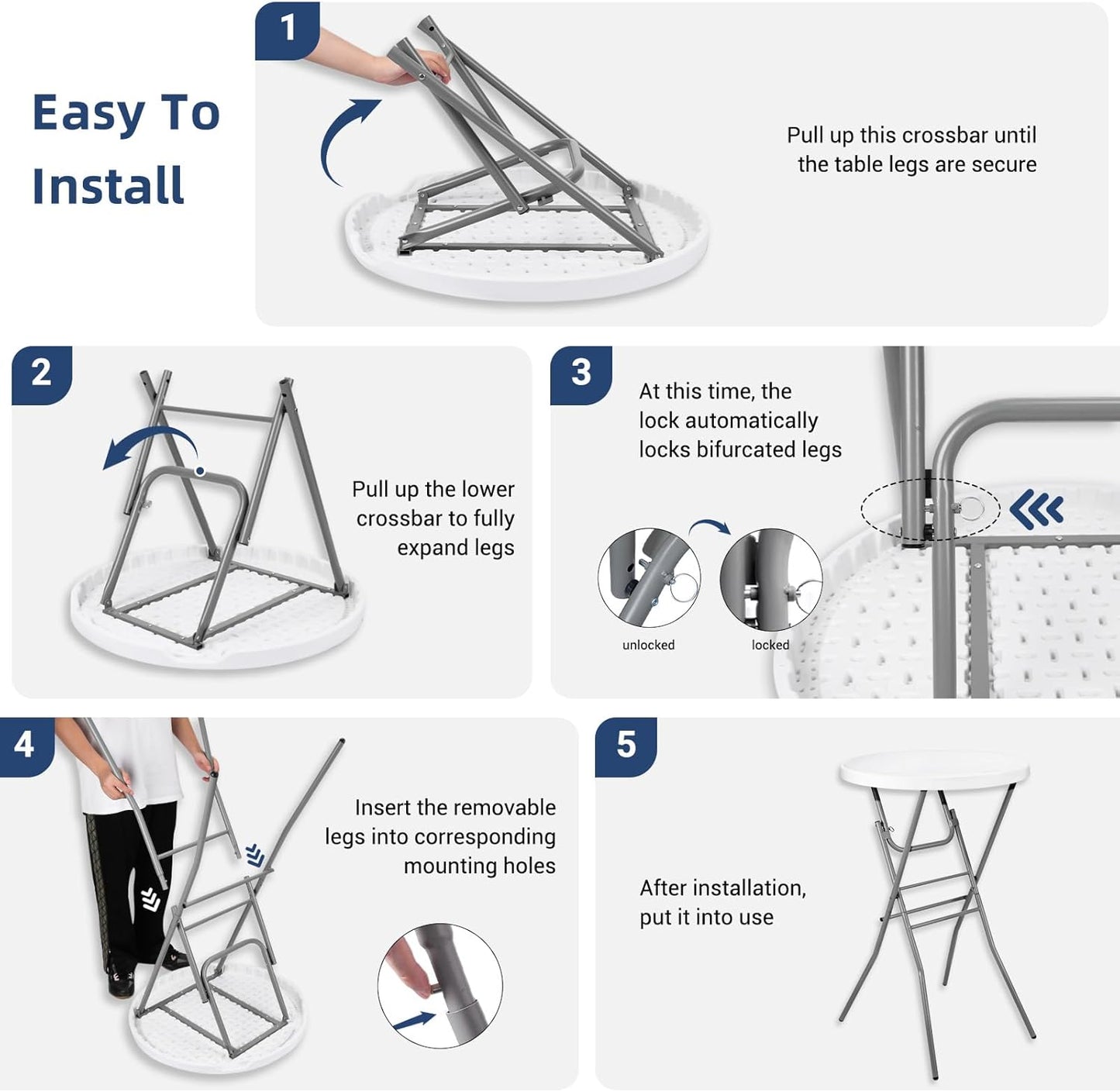 Cocktail Table 28in Folding Round High Top Indoor Outdoor with Removable Legs, Tall Bistro Foldable Bar Height Table for Parties, Patio, Backyard, Dining, Wedding, White- 2PCS