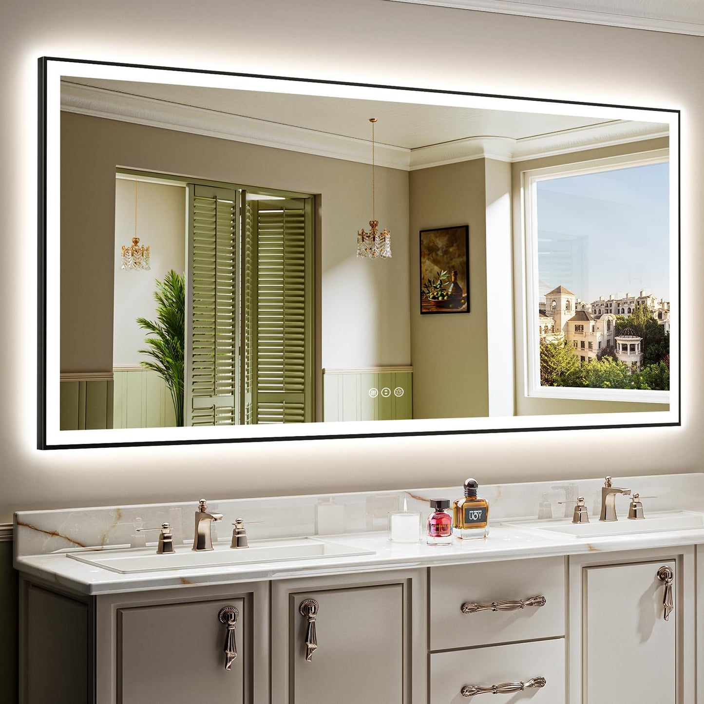 84x40 Inch LED Bathroom Mirror with Lights (Front Lit and Backlit) Black Framed Lighted Vanity Mirror for Bathroom Wall Dimmable Anti-Fog Memory Tempered Glass Horizontal/Vertical