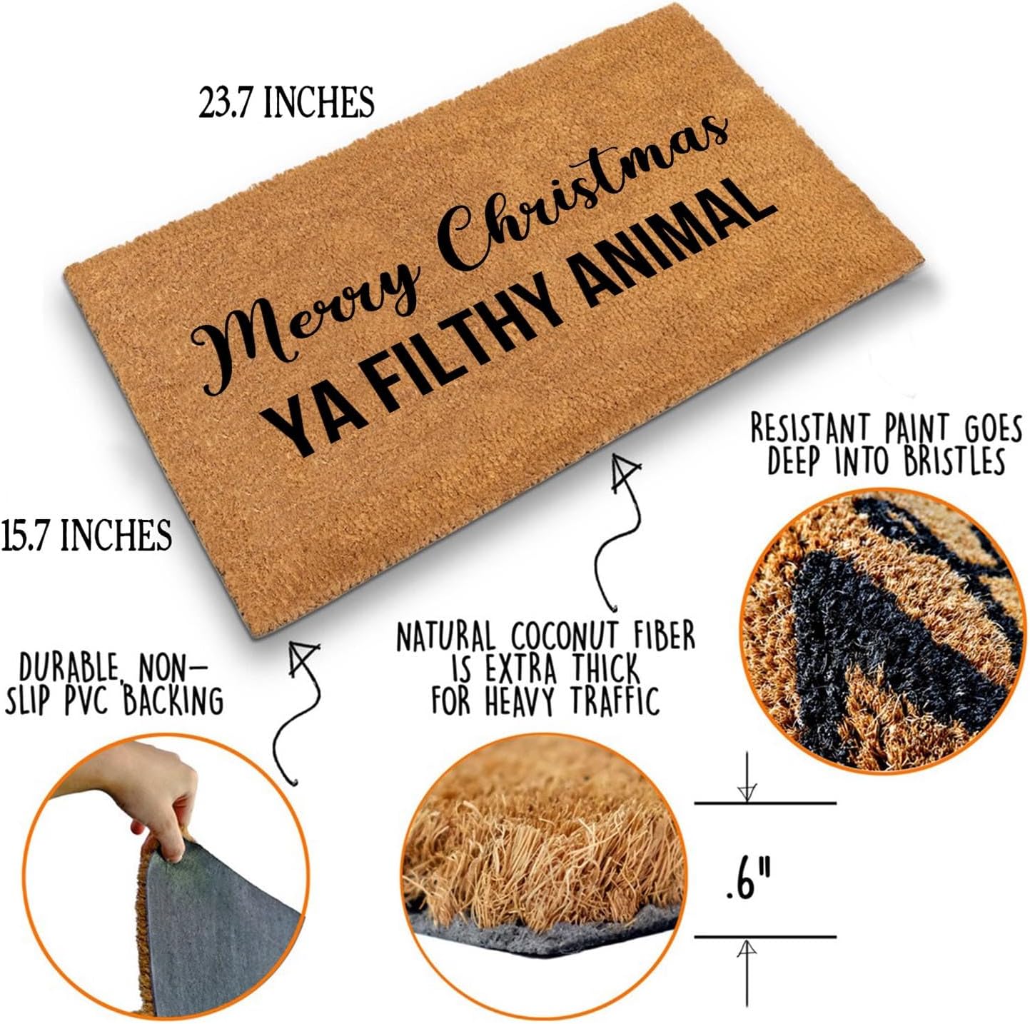 Funny Coir Doormat Merry Christmas YA Filthy Animal Front Door Mat Entryway Outdoor Mat with Heavy Duty Front Porch Welcome Mats Entry Natural Coconut Brown Mat House Warming Gift Mat23.7x15.7 inch