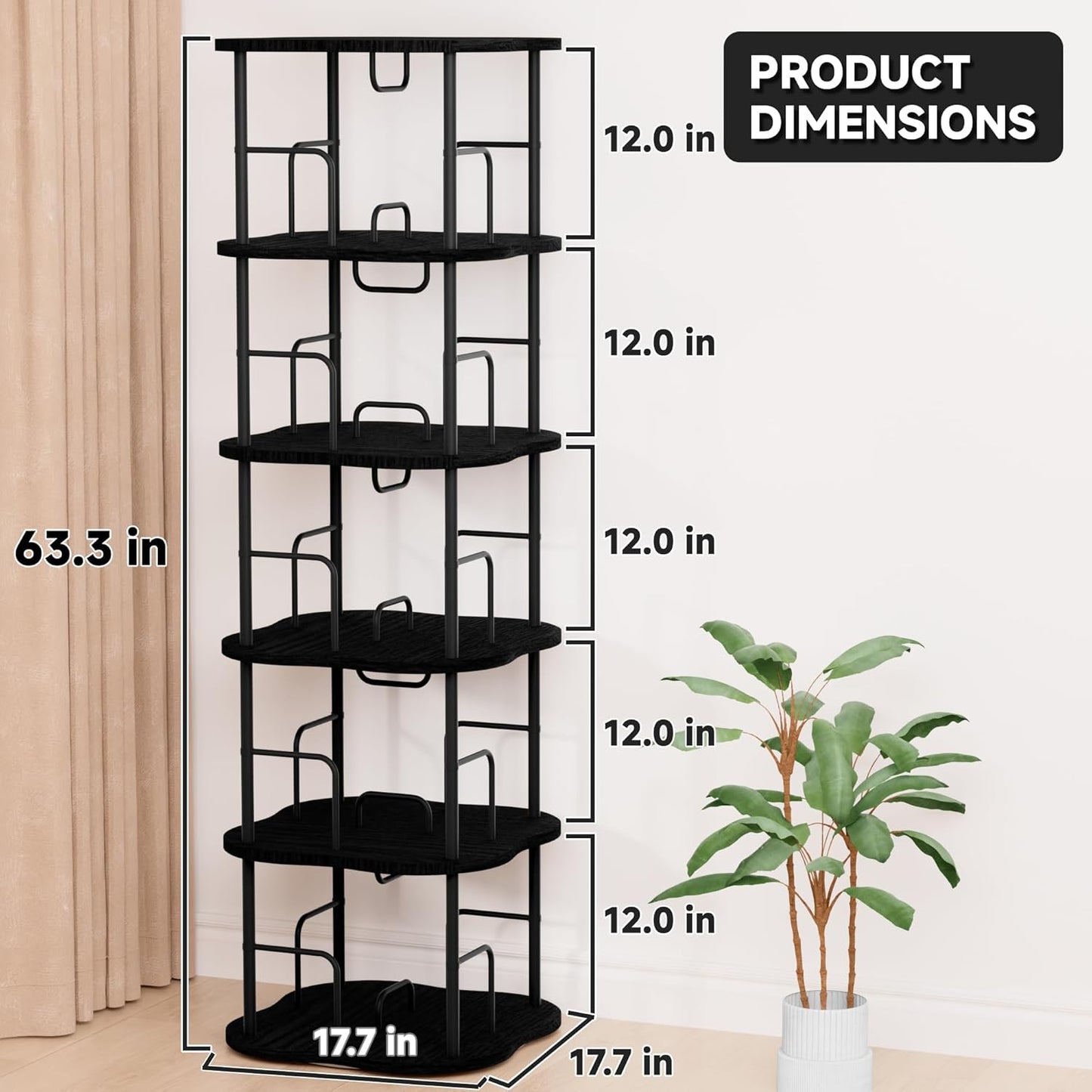 5-Tier Rotating Book Shelf, 360° Display Spinning Bookshelf Tower, Book Organizer, Floor Standing Bookcases for Small Space, Corner Book Shelf for Bedroom, Living Room, Study Room (Black)