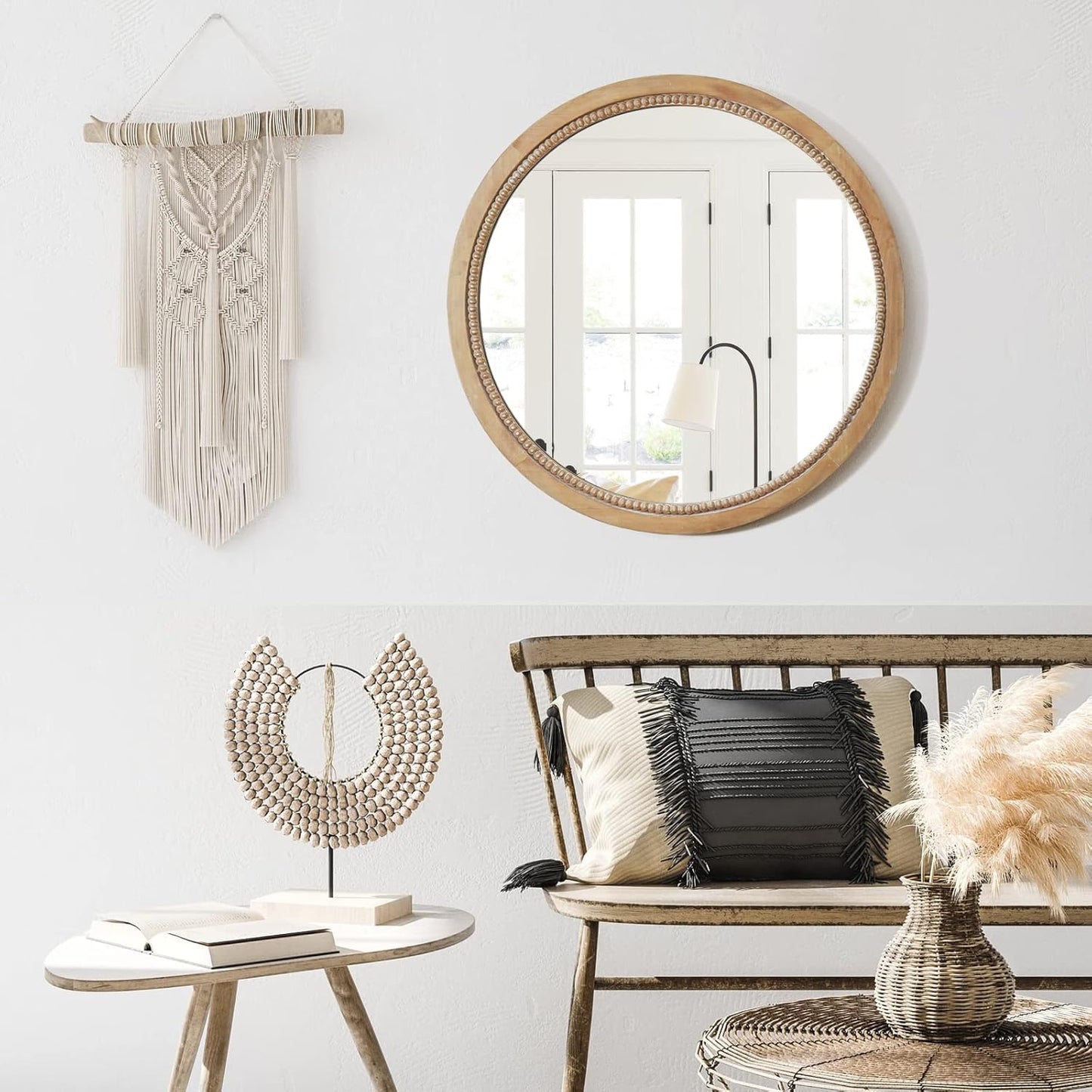 Sawsile Round Decorative Circle Farmhouse Style Mirror - 18inch Rustic Natural Wooden Frame Beads for Bedroom, Bathroom, Living Room or Entryway
